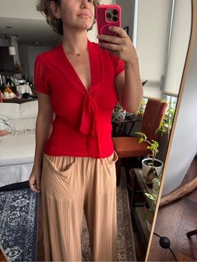 Adolfo Dominguez Red Solid Knit cotton  V-Neck Tie Front Puff Sleeve S